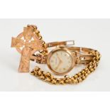 A 9CT GOLD WATCH, PENDANT AND CHAIN, the lady's Rotary wristwatch with a circular face and
