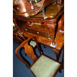 A REPRODUCTION BURR WALNUT EXTENDING DINING TABLE, width 120cm x depth 84cm x height 76cm, four