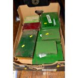 TWO BOXES CONTAINING METAL CASES AND CARDBOARD BOXES OF VINTAGE CAR PARTS including Caville,