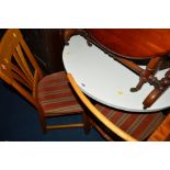 A CIRCULAR WHITE TOPPED TABLE on chrome base together with four light oak dining chairs (5)