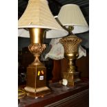 TWO SIMILAR URN STYLE GILT FINISH TABLE LAMPS