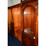 A PAIR OF YEW WOOD OPEN BOOKCASES, with adjustable shelving, width 82cm x height 194cm, mahogany