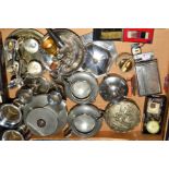 A BOX OF SILVER PLATE, PEWTER ETC, to include cased fish servers with silver bands, costume and