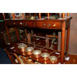 A REPRODUCTION MAHOGANY HALL TABLE, with three drawers width 135cm x depth 30cm x height 70cm and