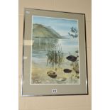 JOHN COOKE (BRITISH 1929-2017), a lakeside landscape, signed bottom left, watercolour on paper,