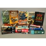 A BOX CONTAINING NINETEEN HARD BOUND BOOKS, all Military themed, covering subjects as German SS,