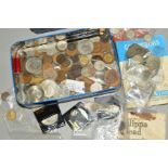 A BISCUIT TIN OF MAINLY UK COINAGE, to include a George III 1818 Halfcrown, a 1887 Double Florin