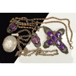 A LOCKET, PENDANT AND EARRINGS, the oval locket with engraved decoration, a large amethyst and