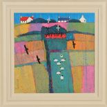 DAVID BODY (BRITISH CONTEMPORARY) 'HILLTOP HOUSES' a colourful Scottish landscape, signed lower