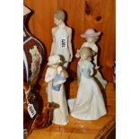 THREE NAO FIGURES, to include tall elegant lady in evening dress, height 31cm, 'Gentle Breeze'