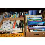 THREE BOXES OF BOOKS AND VHS CASSETTES AND DVD'S, to include fiction, travel, revision guides, etc