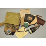 A BOX CONTAINING THREE WWII PERIOD GAS MASKS, contained in green canvas bag marked 1942, contained