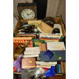 TWO BOXES OF SUNDRIES, to include clocks, Mitakon MC lens, 1:2.8, f =135mm, books, student