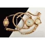 THREE 9CT GOLD CASED LADIES WATCHES, to include a mechanical Sekonda, silvered dial with batons