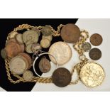 A PACKAGE OF COINS, to include a mounted and gilded 1896 Crown on chain, a Morgan Dollar 1880 silver