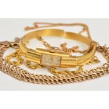 AN 18CT GOLD LADIES WRISTWATCH, A CHAIN AND TWO NECKLACES, the Rodania bangle design wristwatch with