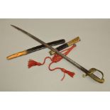 A LATE BELIEVED 19TH CENTURY OFFICERS SWORD AND METAL AND LEATHER SCABBARD, which is broken in two