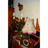A QUANTITY OF OCCASIONAL FURNITURE, to include a cuckoo clock, seven various table lamps, mahogany