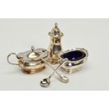 A THREE PIECE SILVER CONDIMENT SET, with shaped, scalloped edging, hallmarks for Birmingham 1926 and