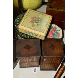 TWO HUNTLEY AND PALMERS BOOKCASE SHAPED BISCUIT TINS (one having damaged foot), with four further