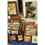 TWO BOXES AND LOOSE OF FRAMED AND UNFRAMED WATERCOLOURS, PRINTS, embroideries, etchings etc