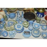 A QUANTITY OF WEDGWOOD JASPERWARES ETC, to include Wedgwood Black Basalt cabinet plate, biscuit