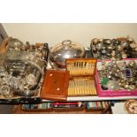 A QUANTITY OF METALWARE, including EPNS tea and coffee sets, servers, cruets, wine bottle holders,