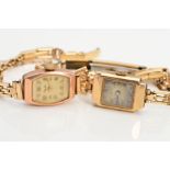 TWO MID 20TH CENTURY LADIES WRISTWATCHES, both with rolled gold straps and 9ct gold heads, both with