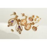 THREE PAIRS OF EARRINGS, to include a pair of cameo drop earrings, a pair of amethyst openwork