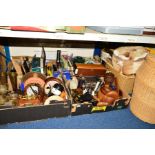 FIVE BOXES AND LOOSE SUNDRY ITEMS, including Soapstone figures, one signed MIKE to base, an ebony