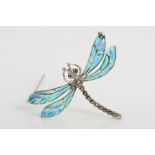 A MODERN DRAGONFLY BROOCH, marcasite set body to green and blue enamelled patterned wings, measuring