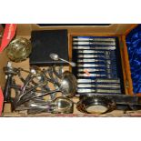 A BOX OF SILVER PLATE, including boxed and loose cutlery and flatware and a Victorian silver