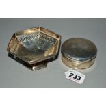 A LATE VICTORIAN CIRCULAR SILVER DRESSING TABLE BOX AND COVER, engraved initials to the lid,