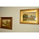 A PAIR OF LATE VICTORIAN WATERCOLOURS, depicting punts on river beside a cottage, unsigned, gilt