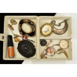 A SELECTION OF VARIOUS ITEMS, to include a mid Victorian black enamel memorial brooch with central