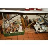 FOUR BOXES AND LOOSE CERAMICS, PICTURES, BAROMETERS etc, to include floral encrusted garniture (sd),
