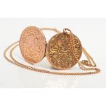 A LOCKET AND CHAIN, of circular outline with engraved scrolling floral and foliate decoration,