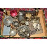 A BOX OF SILVER AND PLATE including Tudric pewter teawares, a pair of George III silver bright cut