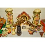 TWO CERAMIC MANTEL CLOCKS, to include a continental Deco style stepped form, with two lions atop,