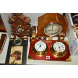 AN ENFIELD MANTEL CLOCK, a Bentima quartz clock and barometer, a Black Forest cuckoo clock along