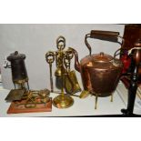 A MINERS LAMP, a set of weighing scales and weights, a brass ladle, brass fireside companion set