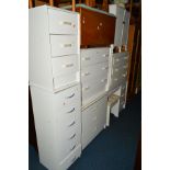 SEVEN VARIOUS WHITE BEDROOM FURNITURE, to include three chest of three drawers, tall chest of six