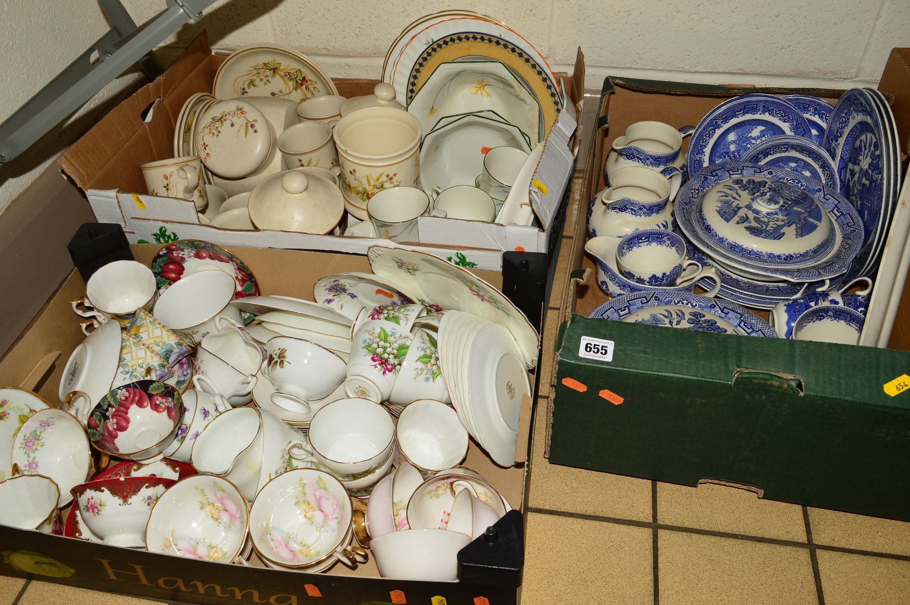 THREE BOXES CERAMICS ETC, to include assorted blue and white 'Willow Pattern' dinnerware, Marks