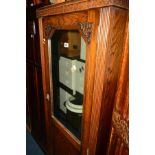 A 20TH CENTURY OAK MIRRORED FINGLE DOOR HALL ROBE, width 63cm x depth 43cm x height 178cm