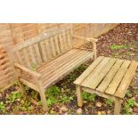 A TEAK SLATTED GARDEN BENCH together with a similar coffee table (2)