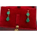 A PAIR OF 9CT GOLD GREEN CHALCEDONY DROP EARRINGS, each designed as a circular chalcedony cabochon
