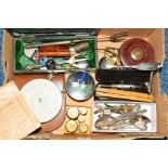 A BOX OF MISCELLANEOUS ITEMS, to include a George III silver Fiddle pattern spoon, with silver