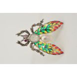 A PLIQUE-A-JOUR, MARCASITE AND GEM FLY BROOCH/PENDANT, with plique-a-jour wings, ruby eyes,