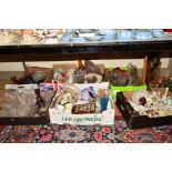 SIX BOXES AND LOOSE CERAMICS, GLASS, PICTURES etc, to include floral ornaments, thimbles, cut glass,
