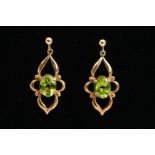 A PAIR OF 9CT GOLD PERIDOT DROP EARRINGS, measuring approximately 28mm in length, post and scroll